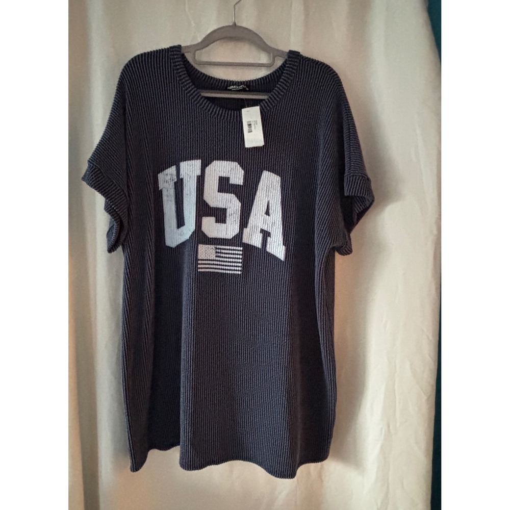 Heimish USA Womens 3X Ribbed Knit Top‎ Charcoal Grey Blue Patriotic Graphic NWT